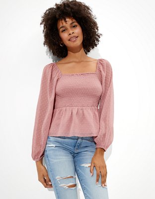 SMOCKED SQUARE-NECK TOP