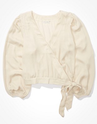 Image of AE Balloon Sleeve Wrap Top Women's Gray XXS