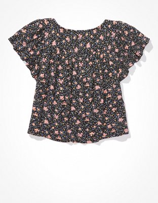 AE Flutter-Sleeve Button-Up Babydoll Blouse