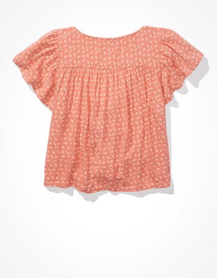 AE Flutter-Sleeve Button-Up Babydoll Blouse