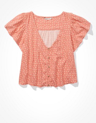 AE Flutter-Sleeve Button-Up Babydoll Blouse