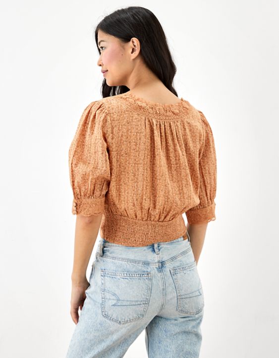 AE Lace Trim Puff-Sleeve Blouse