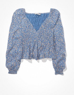 AE Long-Sleeve Smocked Babydoll Top