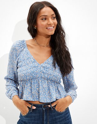 AE Long-Sleeve Smocked Babydoll Top