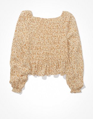 AE Long-Sleeve Smocked Babydoll Top