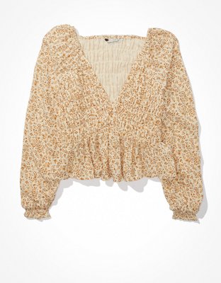 AE Long-Sleeve Smocked Babydoll Top