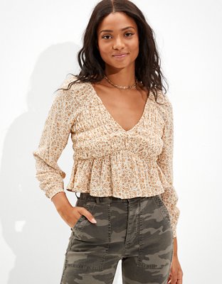 AE LongSleeve Smocked Babydoll Top
