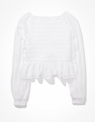 AE Long-Sleeve Smocked Babydoll Top