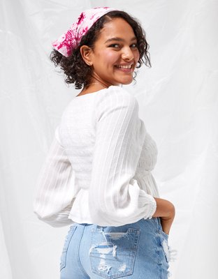 AE Long-Sleeve Smocked Babydoll Top