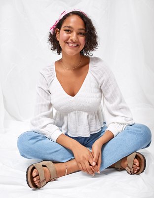 AE Long-Sleeve Smocked Babydoll Top