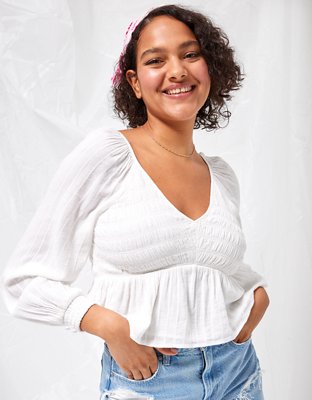 AE Long-Sleeve Smocked Babydoll Top