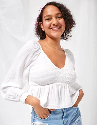 AE LongSleeve Smocked Babydoll Top