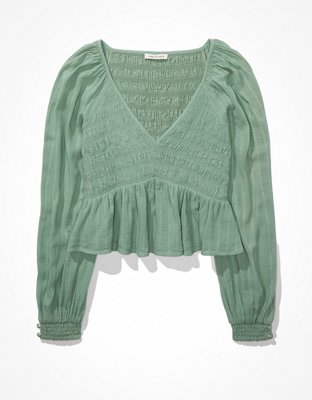 AE Long-Sleeve Smocked Babydoll Top