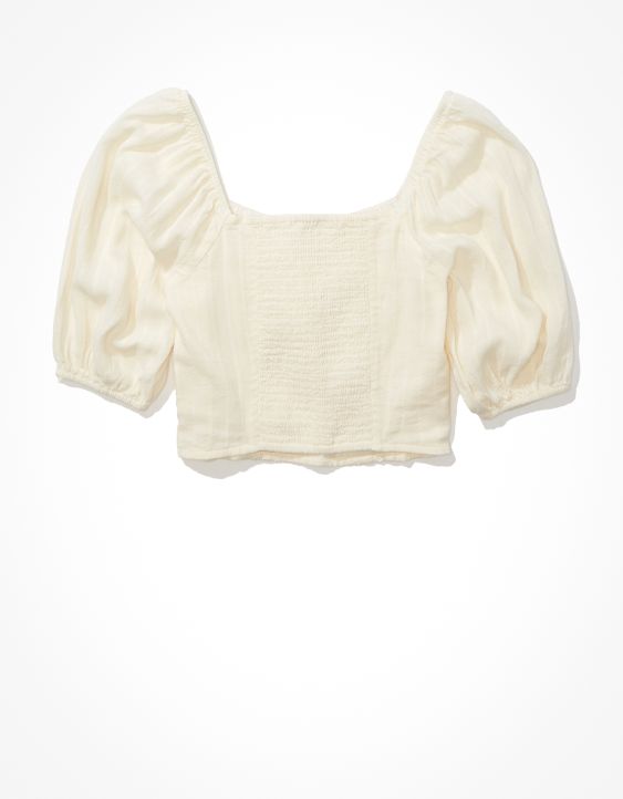 AE Cropped Puff-Sleeve Smocked Blouse