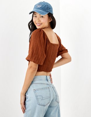 Женские блузки American Eagle AE Cropped Puff-Sleeve Smocked Blouse — фото 2