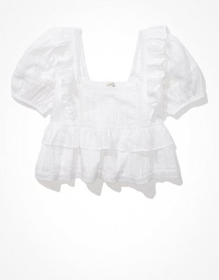 AE Plaid Smocked Puff-Sleeve Babydoll Dress