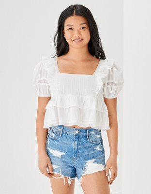 AE Blusa babydoll con cuello cuadrado y mangas abombadas