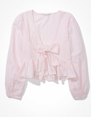 AE Long-Sleeve Tie-Front Blouse