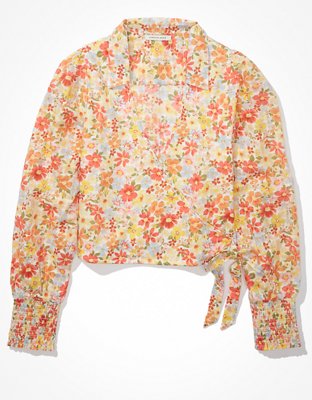 AE Long-Sleeve Wrap Tie-Front Blouse