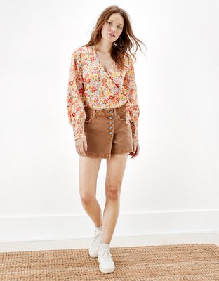 AE Long-Sleeve Wrap Tie-Front Blouse