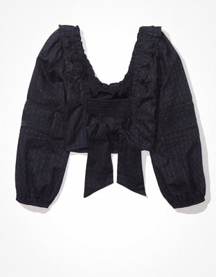 Женские рубашки American Eagle AE Cropped Scoop Neck Long-Sleeve Ruffle Shirt — фото 4