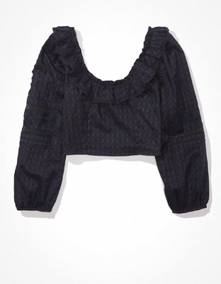 Женские рубашки American Eagle AE Cropped Scoop Neck Long-Sleeve Ruffle Shirt — фото 3