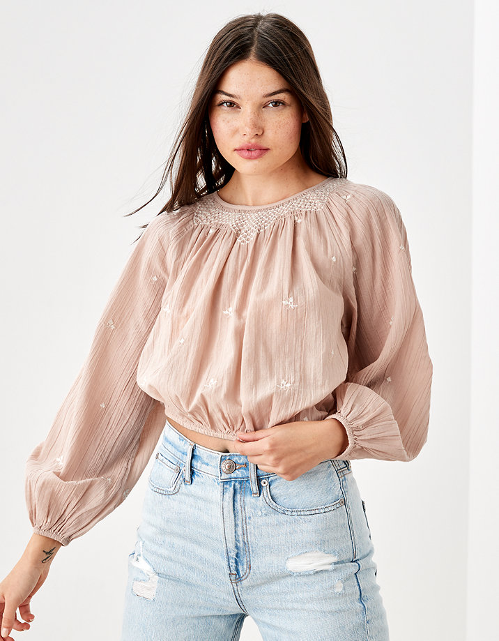 AE Cinched Long-Sleeve Scoop Neck Blouse