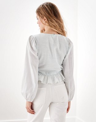 AE Long-Sleeve Tie-Front Blouse