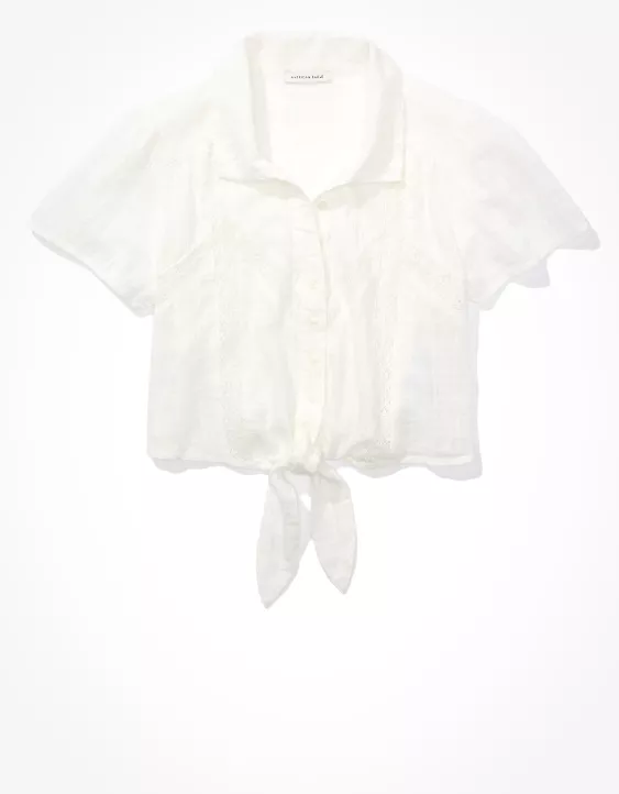 AE Tie-Front Button-Up Blouse