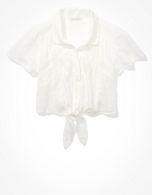 AE Tie-Front Button-Up Blouse