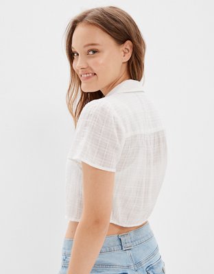 AE Tie-Front Button-Up Blouse