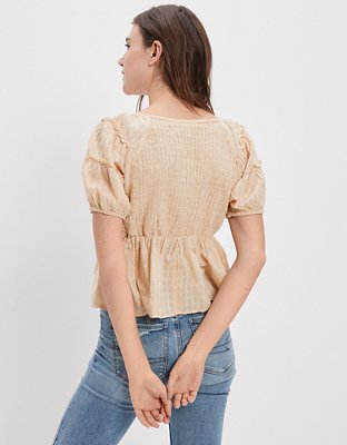 Женские блузки American Eagle AE Smocked Puff-Sleeve Babydoll Blouse — фото 2