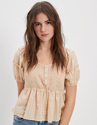Женские блузки American Eagle AE Smocked Puff-Sleeve Babydoll Blouse — фото 5