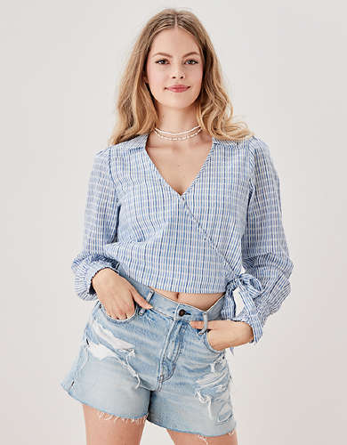 AE Long-Sleeve Wrap Tie-Front Blouse