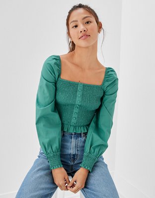 AE Square Neck Smocked Ruffle Blouse