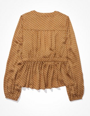 AE Long-Sleeve Silky Tie-Front Blouse