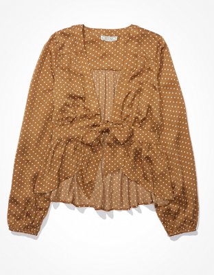 AE Long-Sleeve Silky Tie-Front Blouse