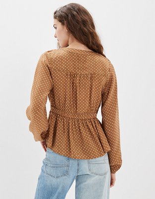 AE Long-Sleeve Silky Tie-Front Blouse