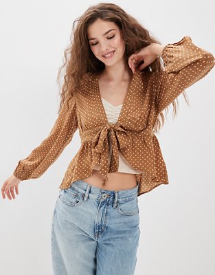 AE Long-Sleeve Silky Tie-Front Blouse