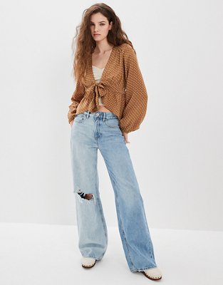 AE Long-Sleeve Silky Tie-Front Blouse