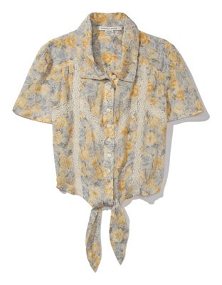 AE Camisa floral con botones y lazo en el frente