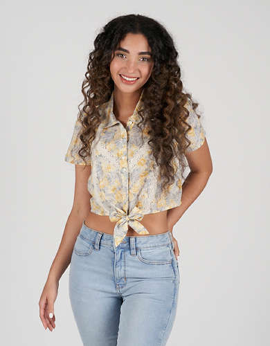 AE Floral Tie-Front Button-Up Shirt