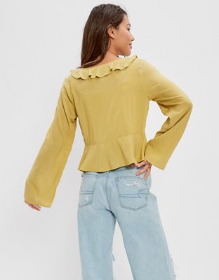 AE Long-Sleeve Tie-Front Blouse