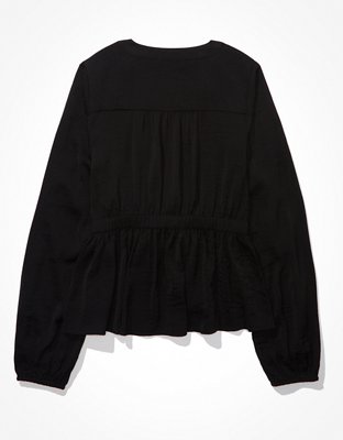 AE Long-Sleeve Silky Tie-Front Blouse