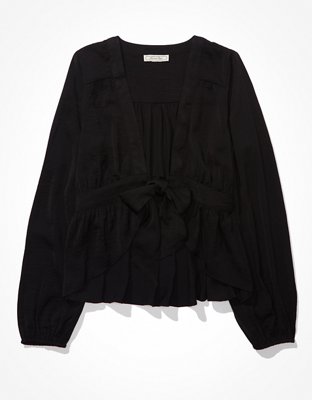 AE Long-Sleeve Silky Tie-Front Blouse