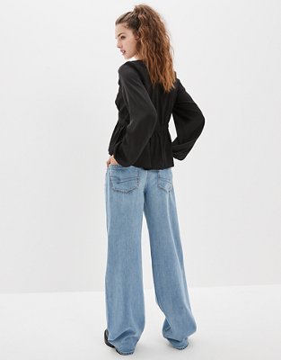 AE Long-Sleeve Silky Tie-Front Blouse