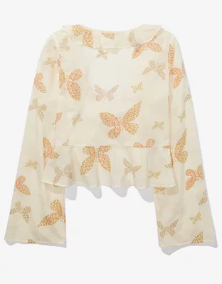 AE Long-Sleeve Tie-Front Blouse