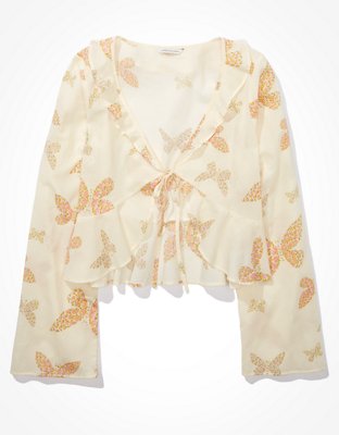 AE Long-Sleeve Tie-Front Blouse