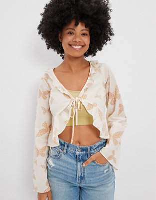 AE Long-Sleeve Tie-Front Blouse