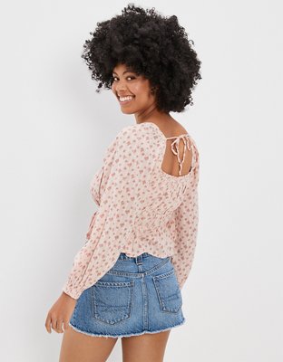 AE Blusa plisada con mangas abombadas